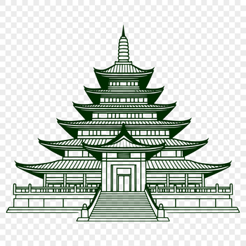 A detailed illustration of a traditional Buddhist temple structure with intricate architecture.