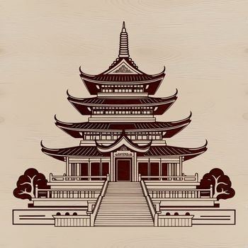 A 2D representation of a traditional Asian-style Buddhist temple with intricate details.