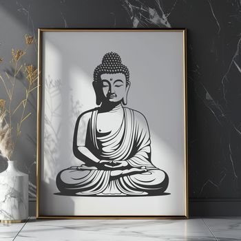 A vector illustration of the Buddha sitting in meditation with hands placed on knees.