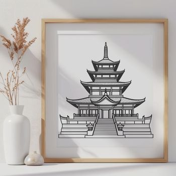 A stylized vector graphic of a serene Buddhist temple structure, suitable for design and printing.