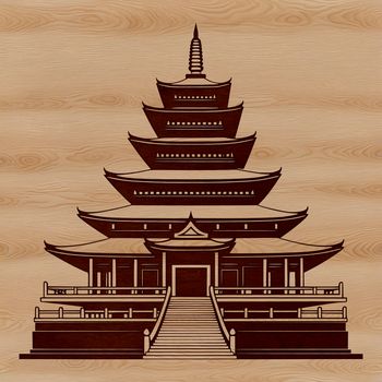 A stylized illustration of a traditional Buddhist temple with intricate details and architectural features.