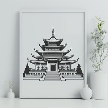 A stylized vector illustration of a traditional Buddhist temple with ornate details.