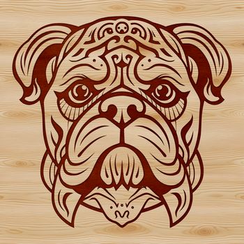 A detailed illustration of a Bulldog's head with ornate details.