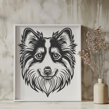 A close-up of the head of a Shetland sheepdog, a small to medium-sized dog breed with distinctive features.
