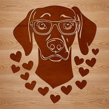 Illustrative drawing of a Weimaraner dog surrounded by love hearts.