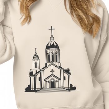 A simple illustration of a traditional Catholic church with a distinctive design.