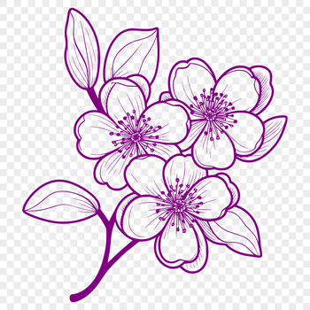 A stylized illustration of a cherry blossom in full bloom with delicate pink petals and green stem.