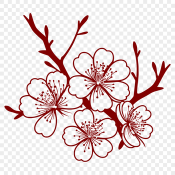 A stylized illustration of a blooming cherry blossom tree with pink petals against a light green background.