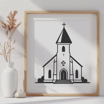 A simple outline design of a church building with a cross on top.