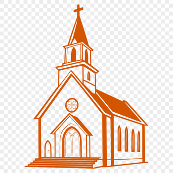 A simple illustration of a church building with a steeply pitched roof and tall spire.
