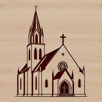 A stylized illustration of a traditional religious building with a prominent spire.