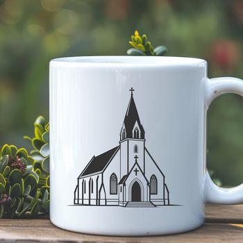 A simple vector illustration of a traditional church building with a steeple and stained glass windows.