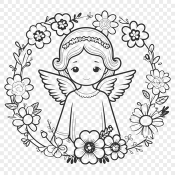 Vector illustration of a serene angel surrounded by flowers in intricate detail.