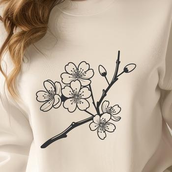 An SVG graphic representation of a flowering cherry tree branch with delicate pink petals and green foliage.