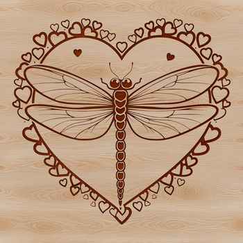A colorful dragonfly with love hearts surrounding its body, suitable for use in digital design.