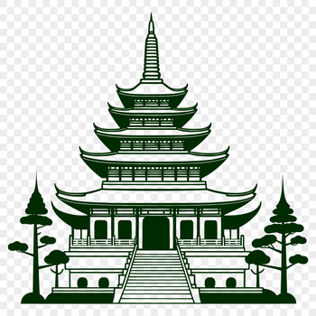 A detailed illustration of a traditional Asian-style Buddhist temple with intricate architecture and ornaments.