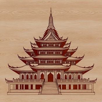 A traditional Buddhist temple with intricate architecture, set against a simple background.