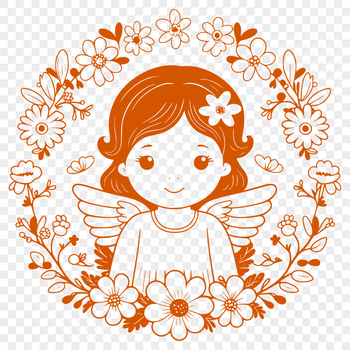 A stylized illustration of a winged angel in a floral-inspired setting.