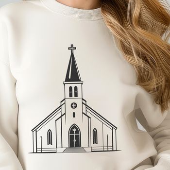 A 2D vector illustration of a modern Baptist church building with a distinctive steeple.