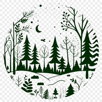 A detailed illustration of trees in various shapes and sizes set against a natural background.