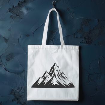 A stylized illustration of a mountain with rocky peaks and serene landscape.