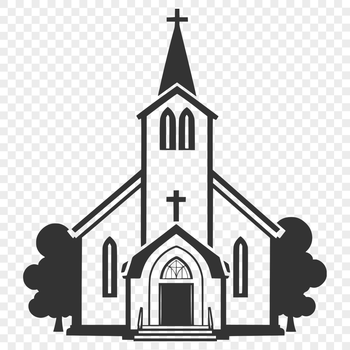 A simple design representation of a typical Baptist church building with a prominent steeple and entrance.
