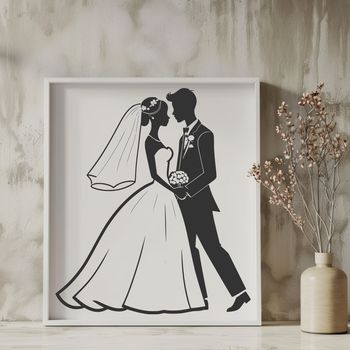 A detailed illustration of a wedding scene, featuring a bride and groom standing together.