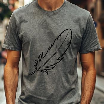 An SVG design element featuring a single feather with simple lines and shapes.