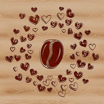 A stylized illustration of a coffee bean featuring love hearts, designed as a vector graphic.