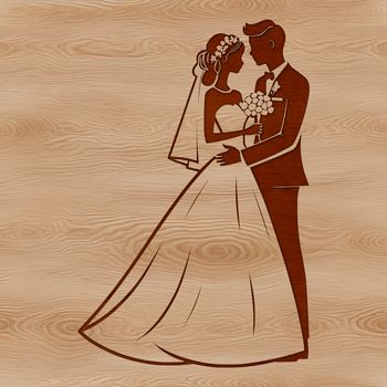 A traditional wedding scene featuring a bride and groom in formal attire.
