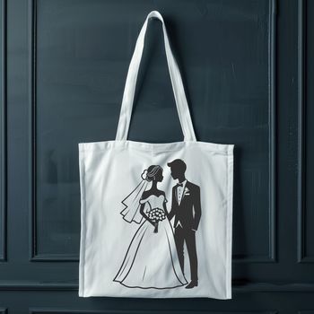 A stylized vector illustration of a bride and groom embracing at the altar.