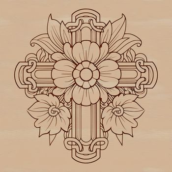 An ornate cross with intricate details, commonly used in religious contexts.