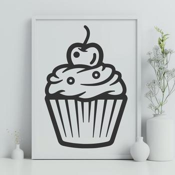 Illustrated cupcake design featuring layers of colorful frosting and decorations.