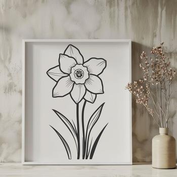 A digital illustration of a single daffodil flower with bright yellow petals and green stem.