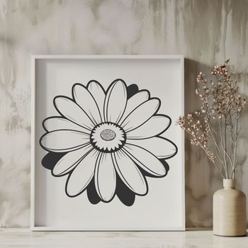 A simple illustration of a daisy flower with white petals and a yellow center.