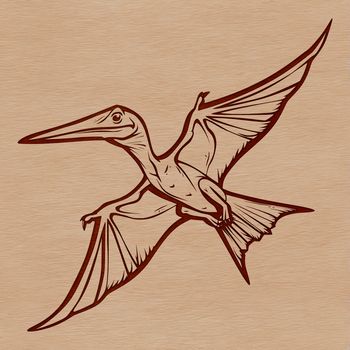 A prehistoric Pteranodon spreads its wings in flight over a desert landscape.