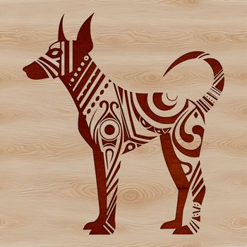 An ornate vector graphic design featuring a Doberman Pinscher in a classic pose.