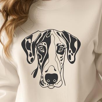 A close-up of a Great Dane's head, featuring its distinctive facial features.