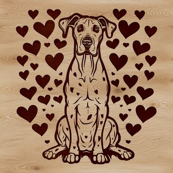 A large breed dog sitting in front of hearts.