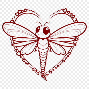 A detailed illustration of a dragonfly with hearts surrounding its body, created using vector design techniques.