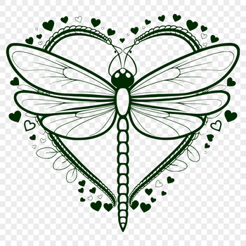 A stylized dragonfly illustration featuring love hearts, suitable for cutting machines and vector art designs.