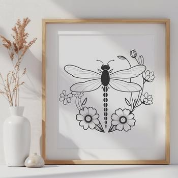 A colorful dragonfly illustration with floral patterns surrounding its body.