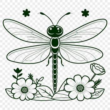 A colorful dragonfly perched on a floral stem, designed as a vector graphic.