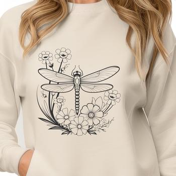 A colorful illustration of a dragonfly in flight, surrounded by flowers.