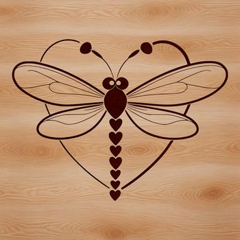 Colorful vector illustration of a dragonfly with love hearts surrounding its body.