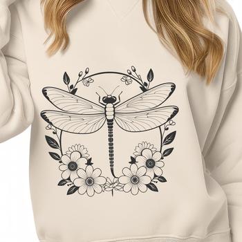 Illustrative dragonfly icon with floral elements, suitable for vector designs.