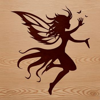 A mythical fairy figure in mid-air, surrounded by intricate floral patterns and delicate wings.