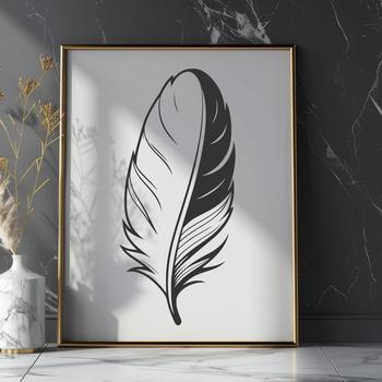 A detailed illustration of a single feather with layered lines and curves.