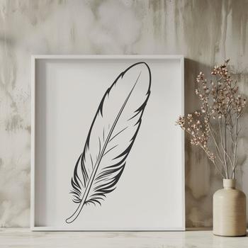 A single white feather with delicate patterns and textures, suitable for graphic design and crafting projects.