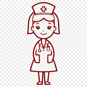 A female nurse standing in front of a hospital background, depicted in simple vector lines.
